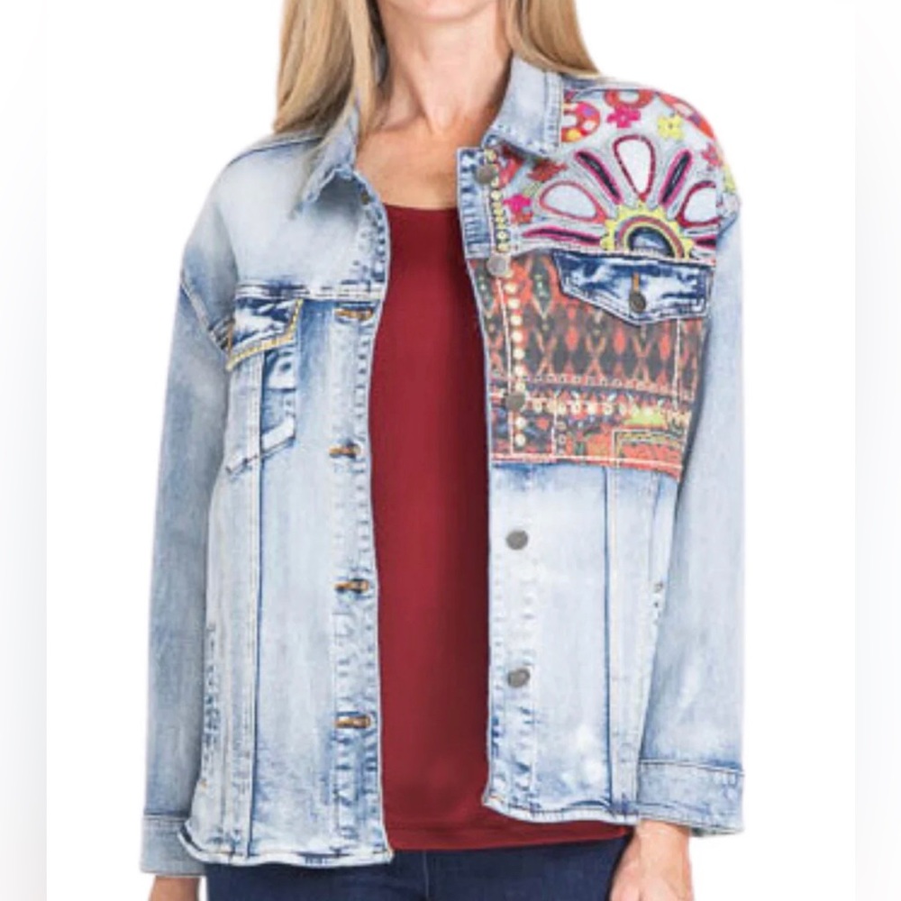 Tru Luxe embroidered and patch jean jacket